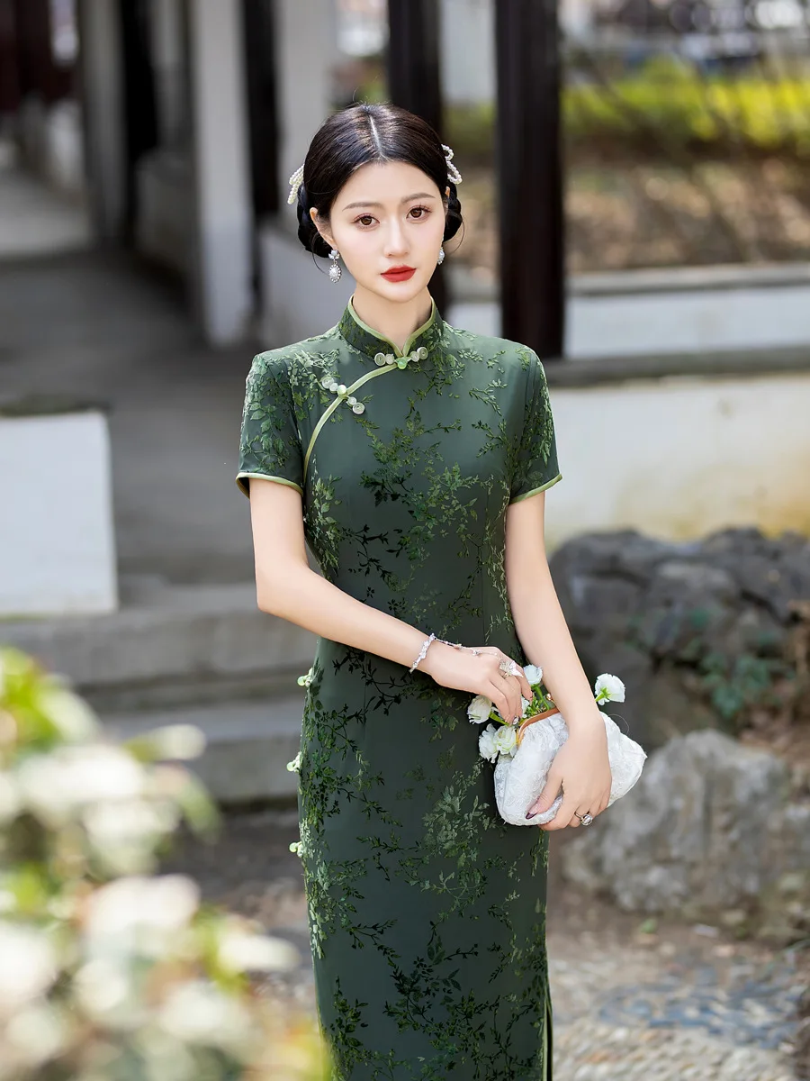 

Summer Short Sleeve Flocking Qipao Elegant Girl Chinese Vintage Mandarin Collar Cheongsams Dress