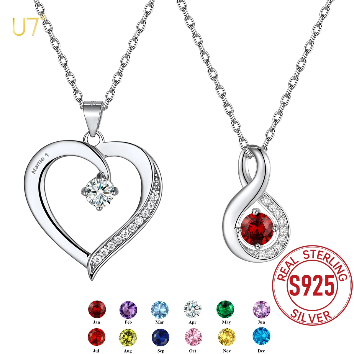 

U7 Custom 925 Silver Necklace with Birthstones for Woman Heart Infinity Pendant A+++ Round CZ Personalized Jewelry Gift for Her