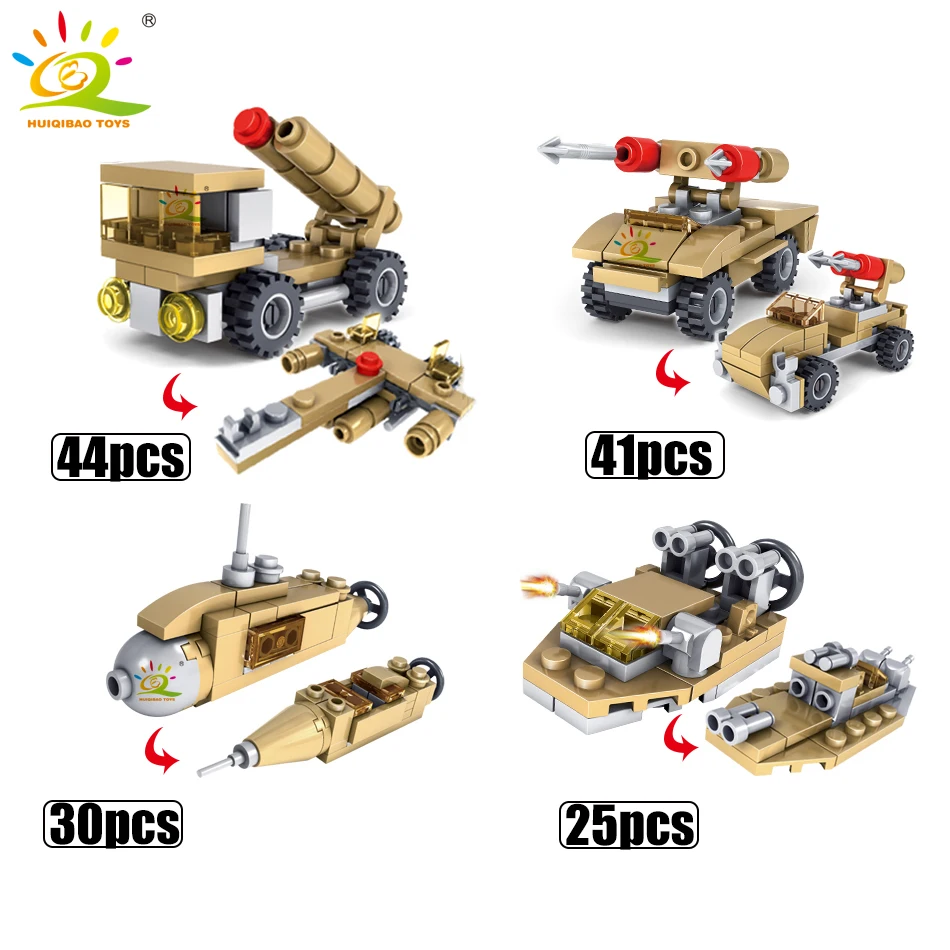 HUIQIBAO 544PCS 16in1 Military Tank Building Blocks Super Vehicle Plane Truck Car Ship Army Bricks Educational Toys For Children