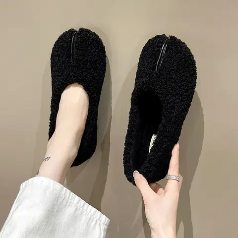 여성용 플랫 바닥 양가죽 슬리퍼 캐주얼 패션 봄 가을 겨울 착용 가능한 메리 제인 면화 신발 깊은 입구 방수