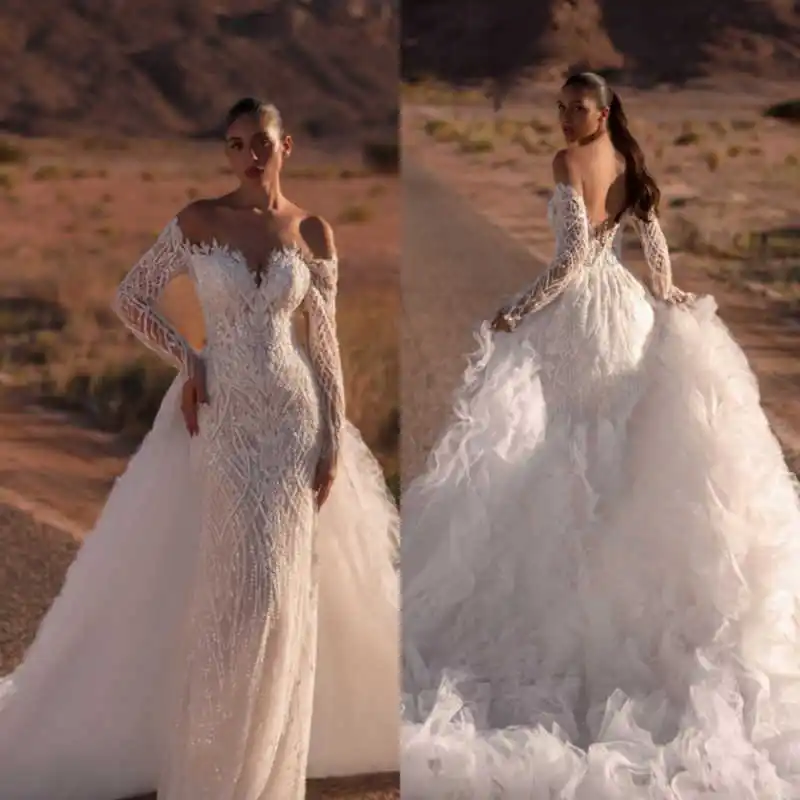 

Graceful Mermaid Gown Wedding Dresses Full Sleeve Lace Appliques Special Occasion Gowns Vestido De Noiva Customized