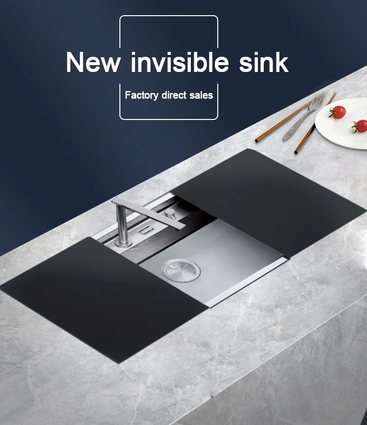 New design retractable faucet stainless steel sliding cover kitchen concealed sink