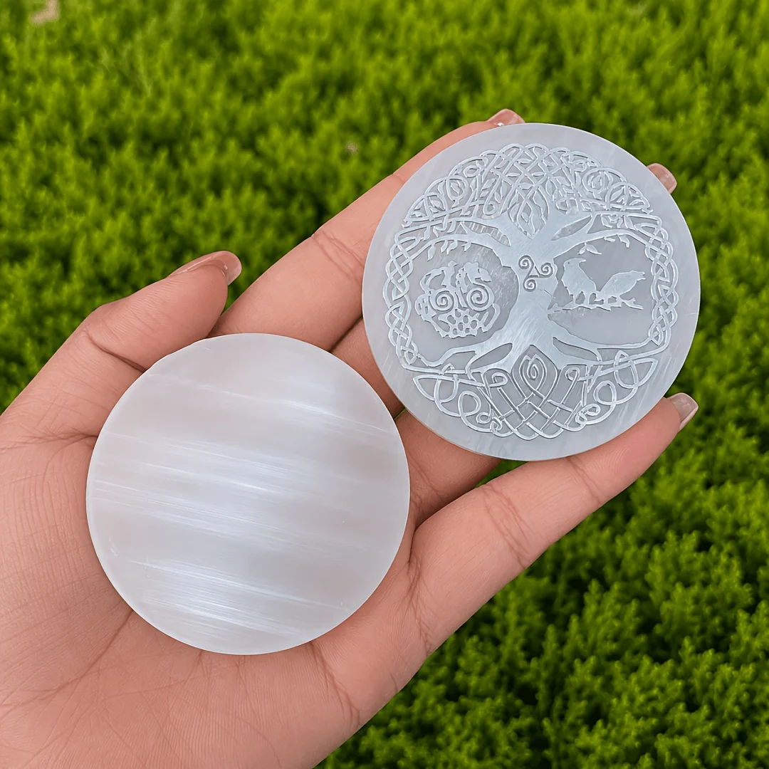 1pc Natural Silver Selenite Stone Slice, Round Decorative Carved Disc,  Polished Mineral Display Piece, Tree Pattern Ornament