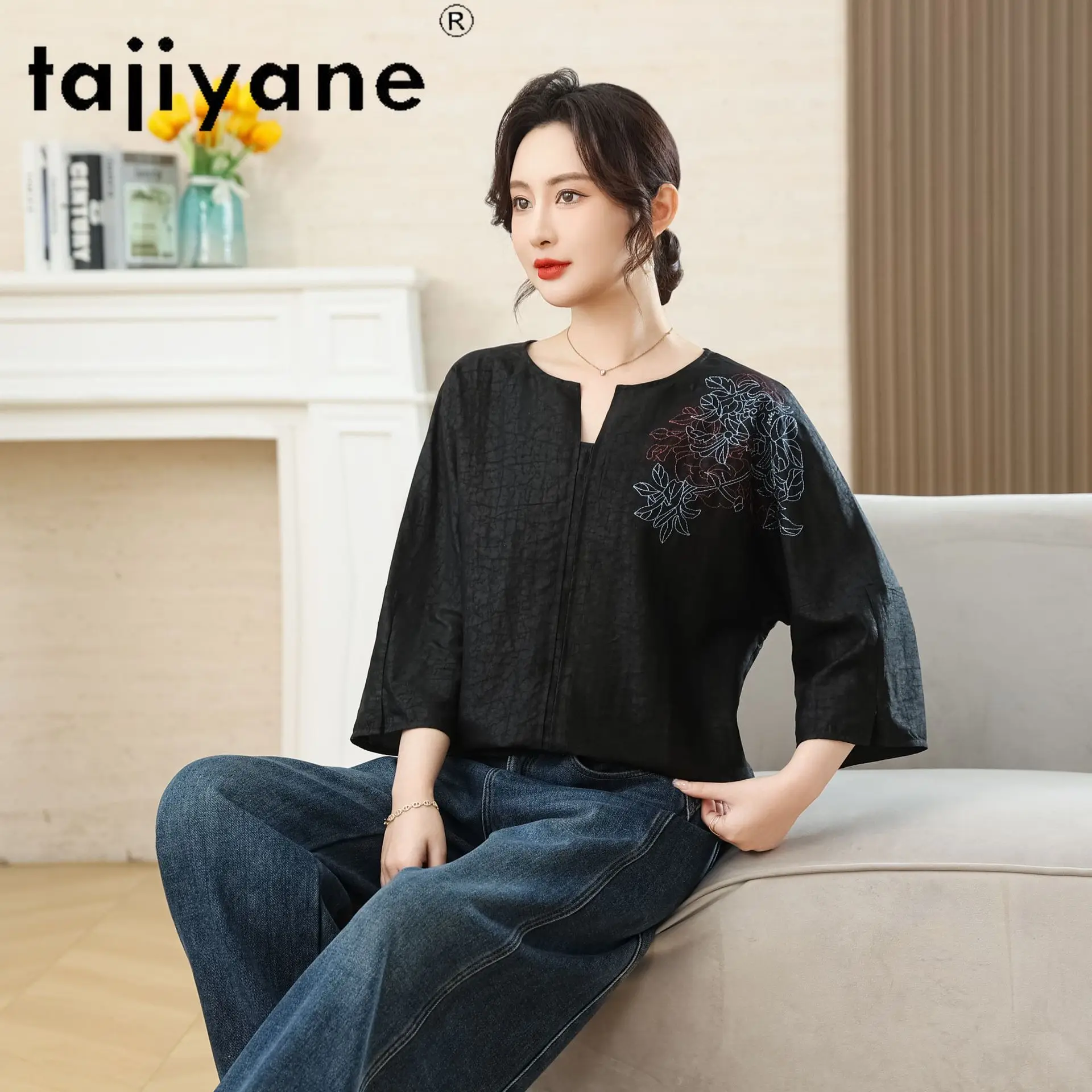 TAJIYANE 100% Real Mulberry Silk Women T Shirts Xiangyun Sha Casual Summer Tops Premium V-Neck T Shirt 2026 Woman Clothes одежда