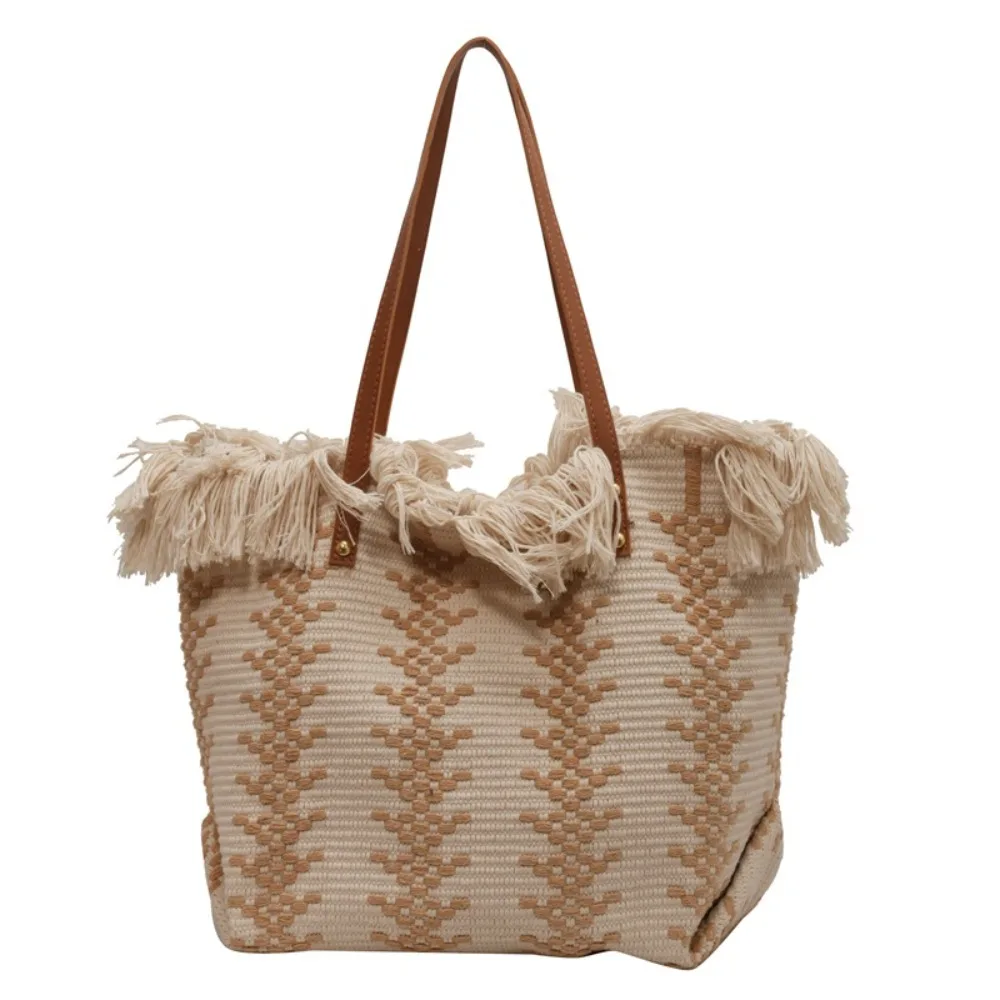 

Literary Printing Tassel Shoulder Bag Handbags Korean Straw Bag Large Capacity Embroidery Weave Tote Bag Beach