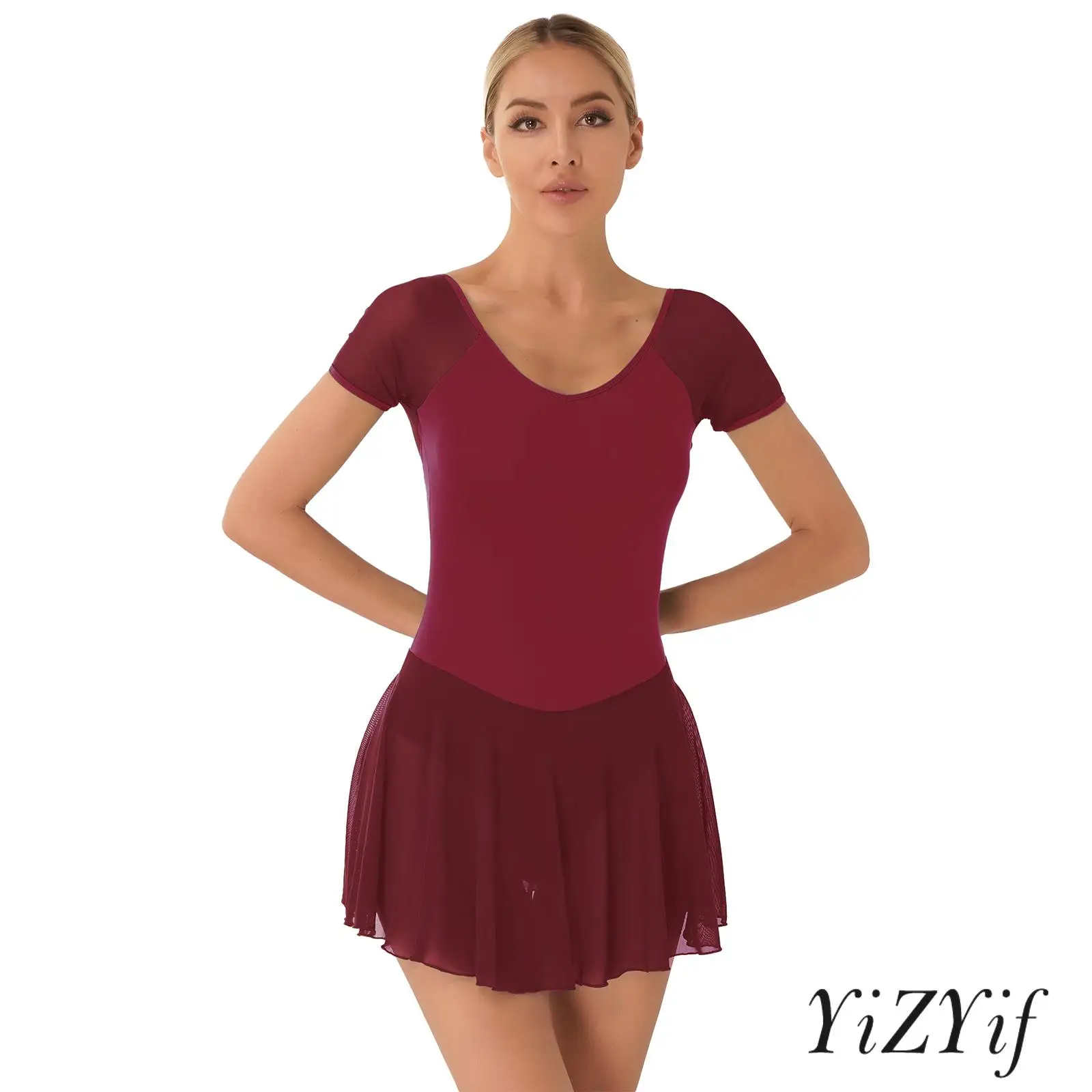 

Professional Ballet Dance Dress for Womens Backless V-Neck with Attached Mesh Ruffled Skirt Built-in Briefs for Dance Class