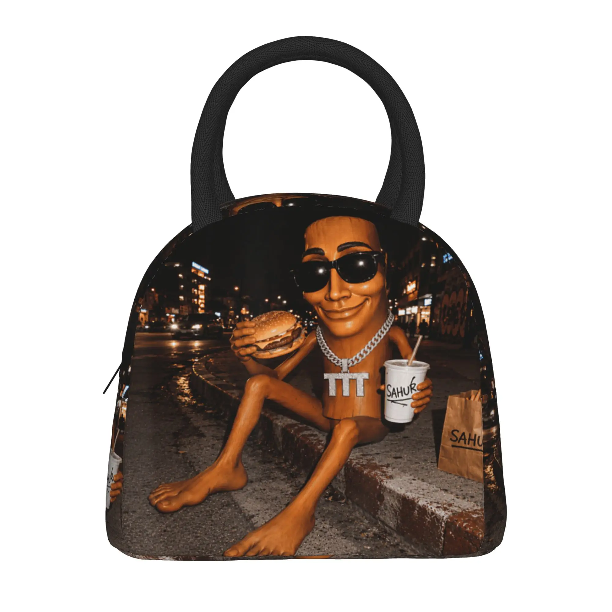 Street Food Night Vibes Funny Tung Sahur Soda Burger Fries Lunch Bag  Casual Lunch Box Child Picnic Portable Zipper Cooler Bag