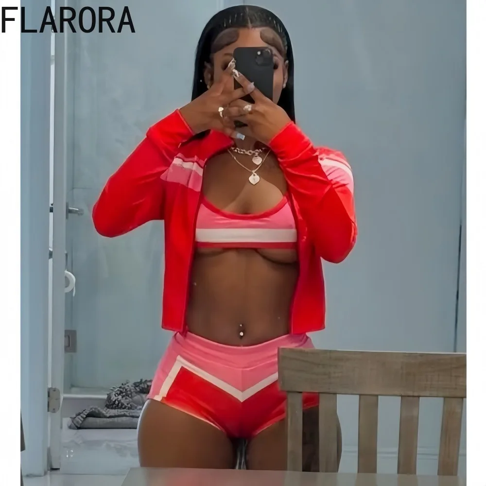 

FLARORA Fashion Street Patchwork 3 Pcs Sets Woman Long Sleeve Zip Crop Jackets And Shorts with Tank Tops Outfits Y2K Tracksuits