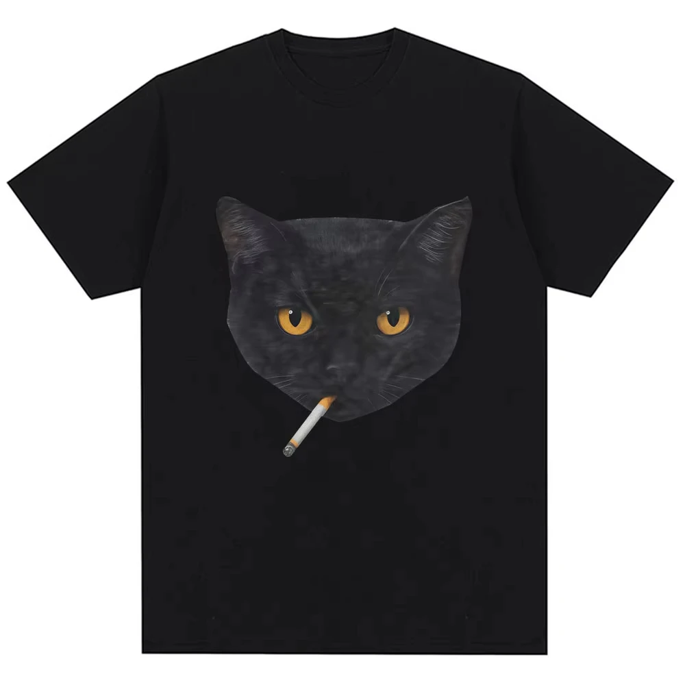 

Забавная футболка с графическим изображением курящего черного кота, модная винтажная футболка унисекс с коротким рукавом, оверсайз, из хлопка, повседневная, в стиле стритвир