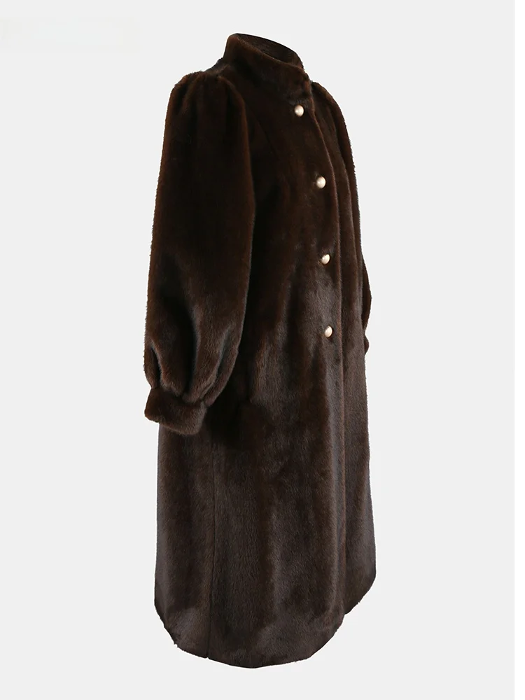 Nerazzurri Brown  Fur Coat Women's Long Bubble Sleeve Stand Collar Elegance Mom Eco-friendly Fur Jacket OL Style Standard Fit