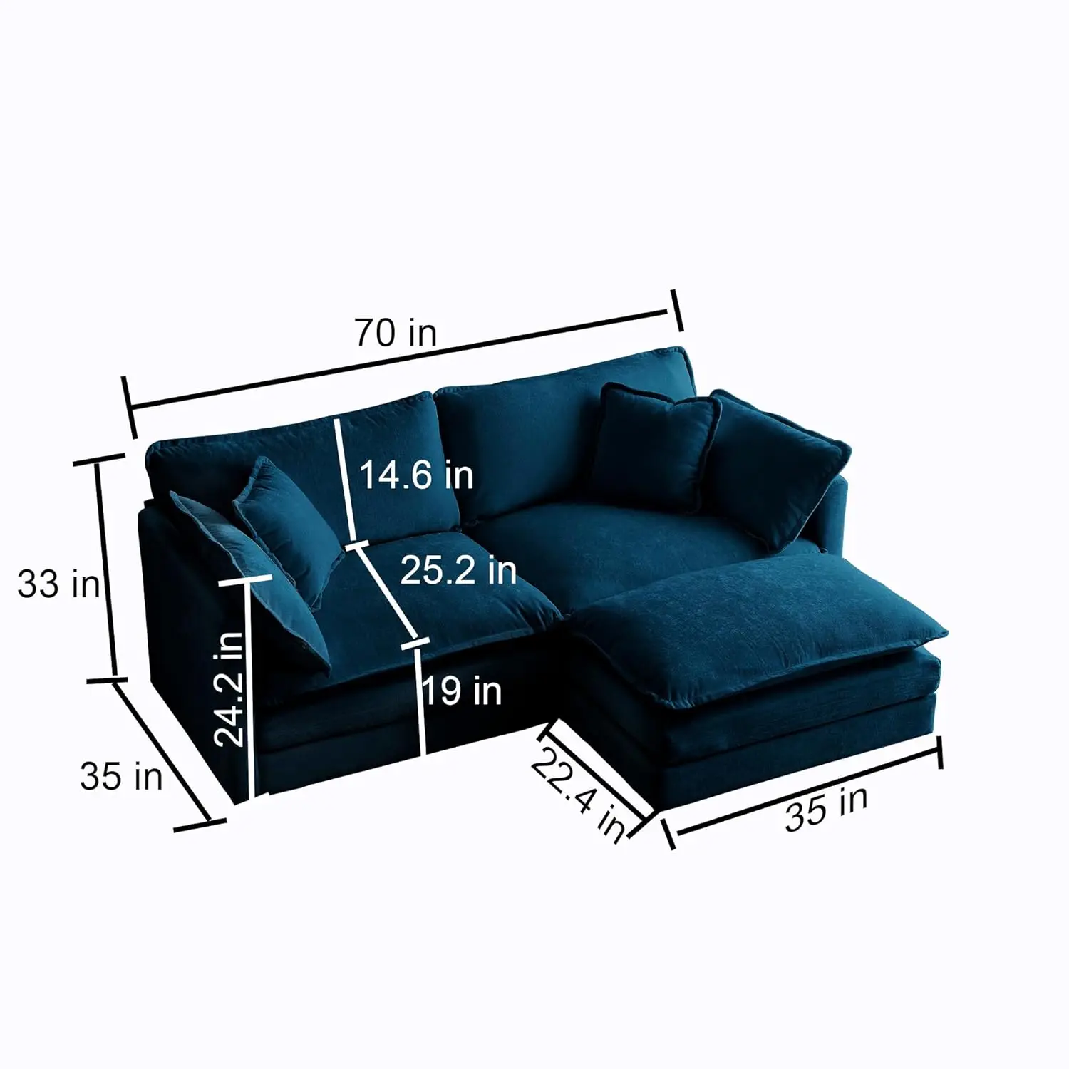 Customized Blue 76.7 Inch Small L Shaped Sectional Couch Cloud Sofa Set With Movable Ottoman For Living Room Apartments