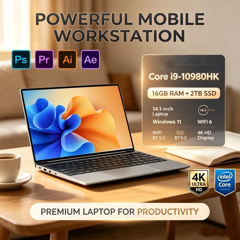 14.1 Ultra Slim Laptop Intel i9 10980HK 32GB DDR4 2TB SSD 4K HD WiFi6 BT5.2 Win11 Pro Portable Gaming & Office Notebook Computer
