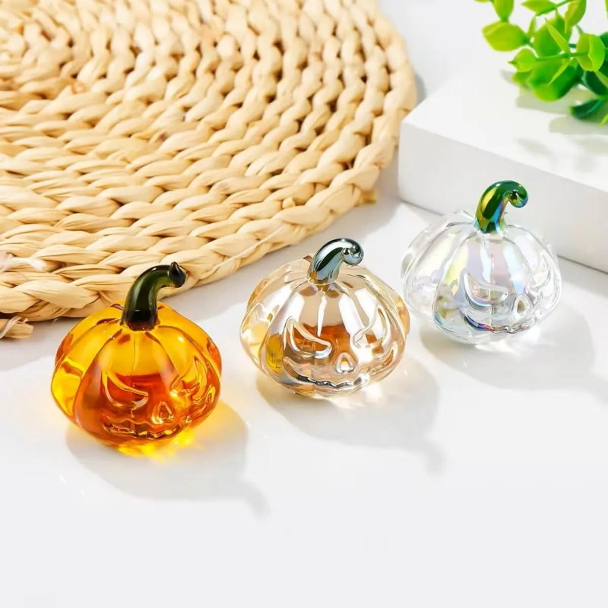 Mini Glass Pumpkin Figurine Set - Orange/Rainbow/Champagne, Halloween Thanksgiving Fall Decor, Table Centerpiece Gift