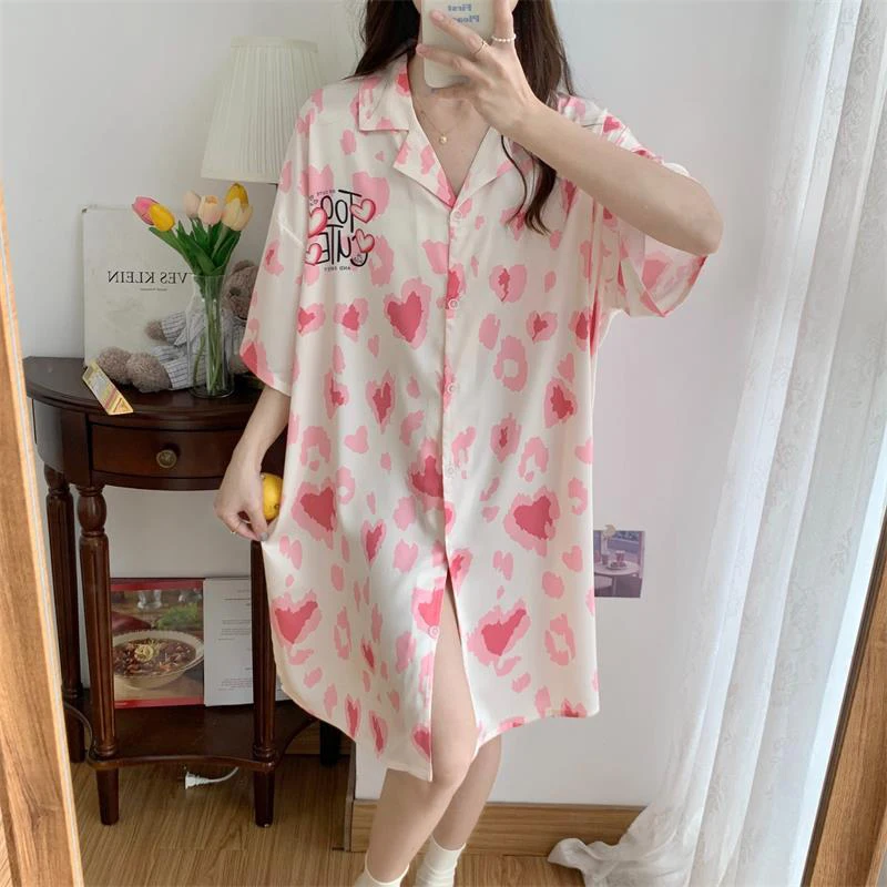 Summer Loose Casual Printing Sleep Robes Women\'s Short Sleeve Trend Fashion Buttons Homewear Female Oversized Print Shirt Dress