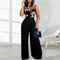 Women's Black Jumpsuit with Sheer Floral Embroidered Top Wide Leg Design Ideal for Evening Galas Cocktail Parties Formal Events - Image 2