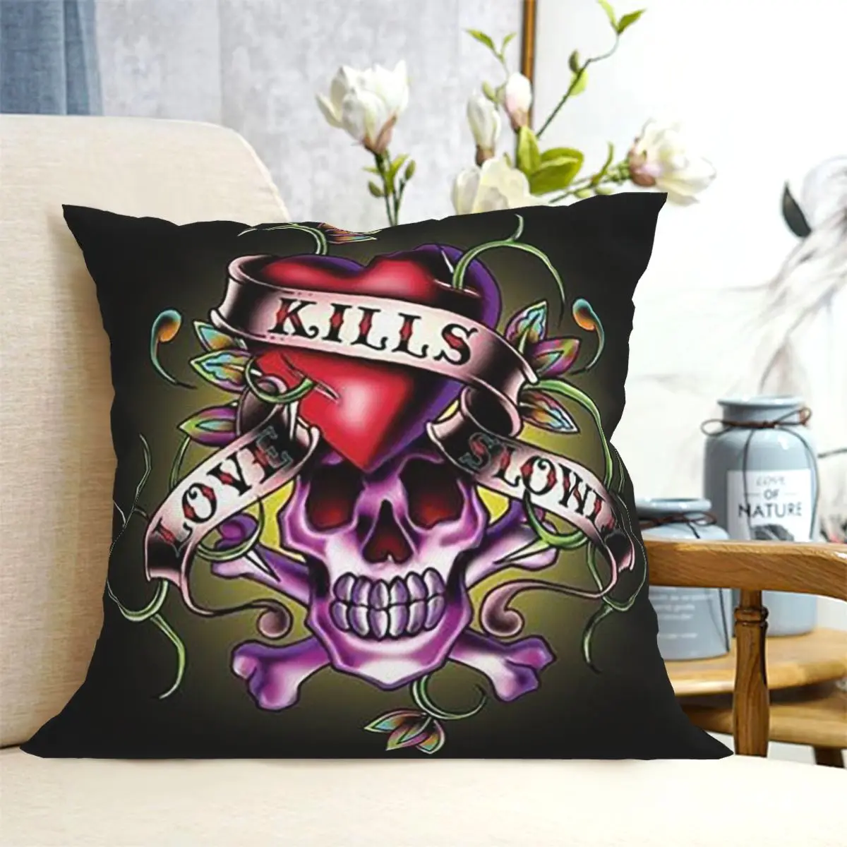 Ed Hardy Love Kills Slowly Square Pillowcase Cushion Cover Pillow Case Throw Pillow Cover for Home Bedroom Car