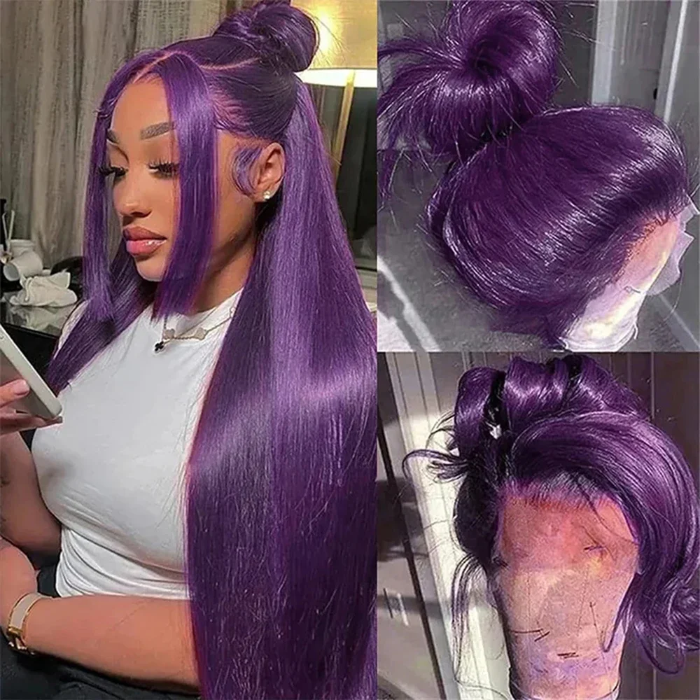 

Natural Hairline Glueless Wigs For Women Brazilian Remy Lace Front Human Hair Wigs 13X4 Lace Front Wig Long Straight Purple Hair