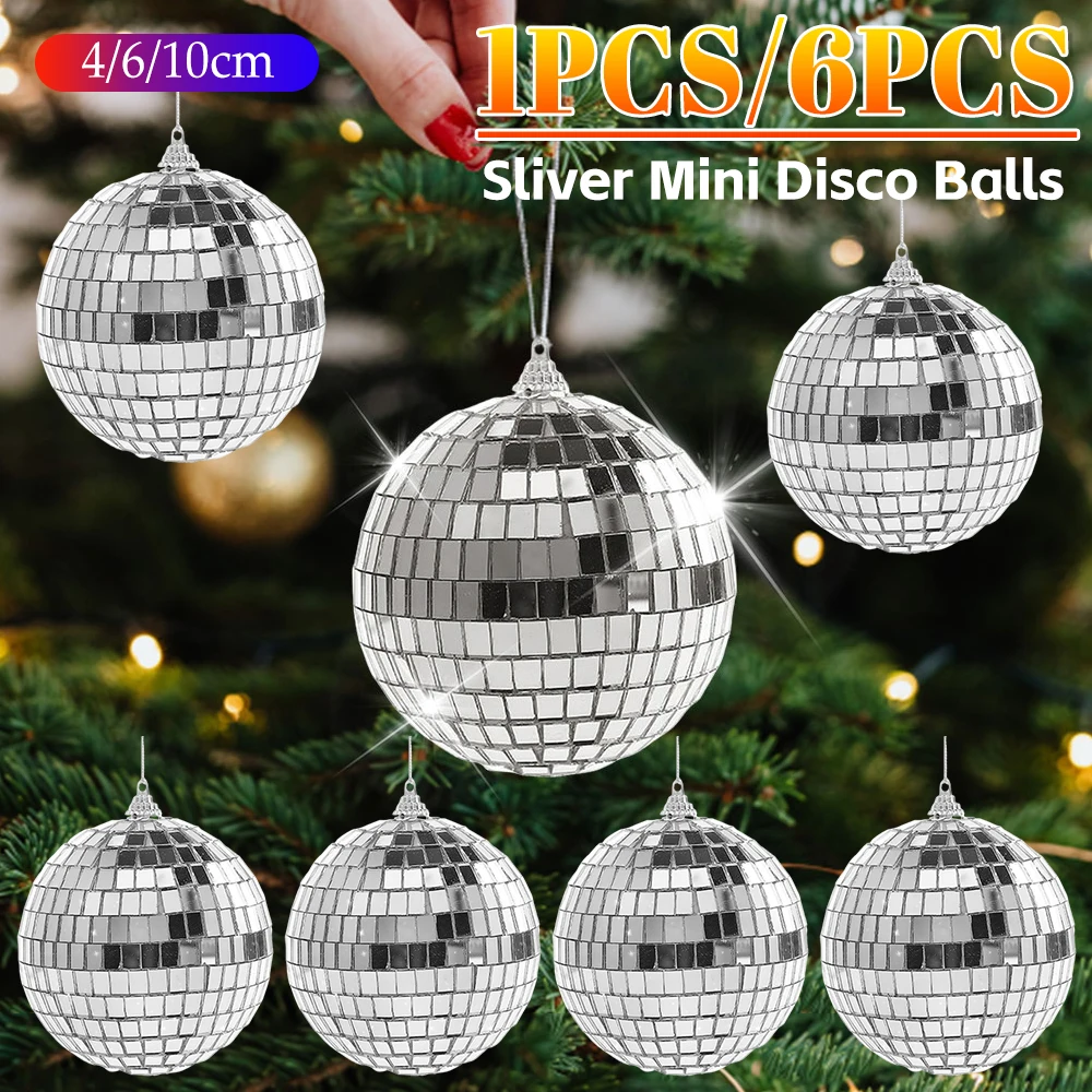 6pcs 4/6/10cm Mirror Disco Ball Stage Light Reflective Rotating Bright Silver Glass Ball Wedding Party Christmas Tree Home Decor