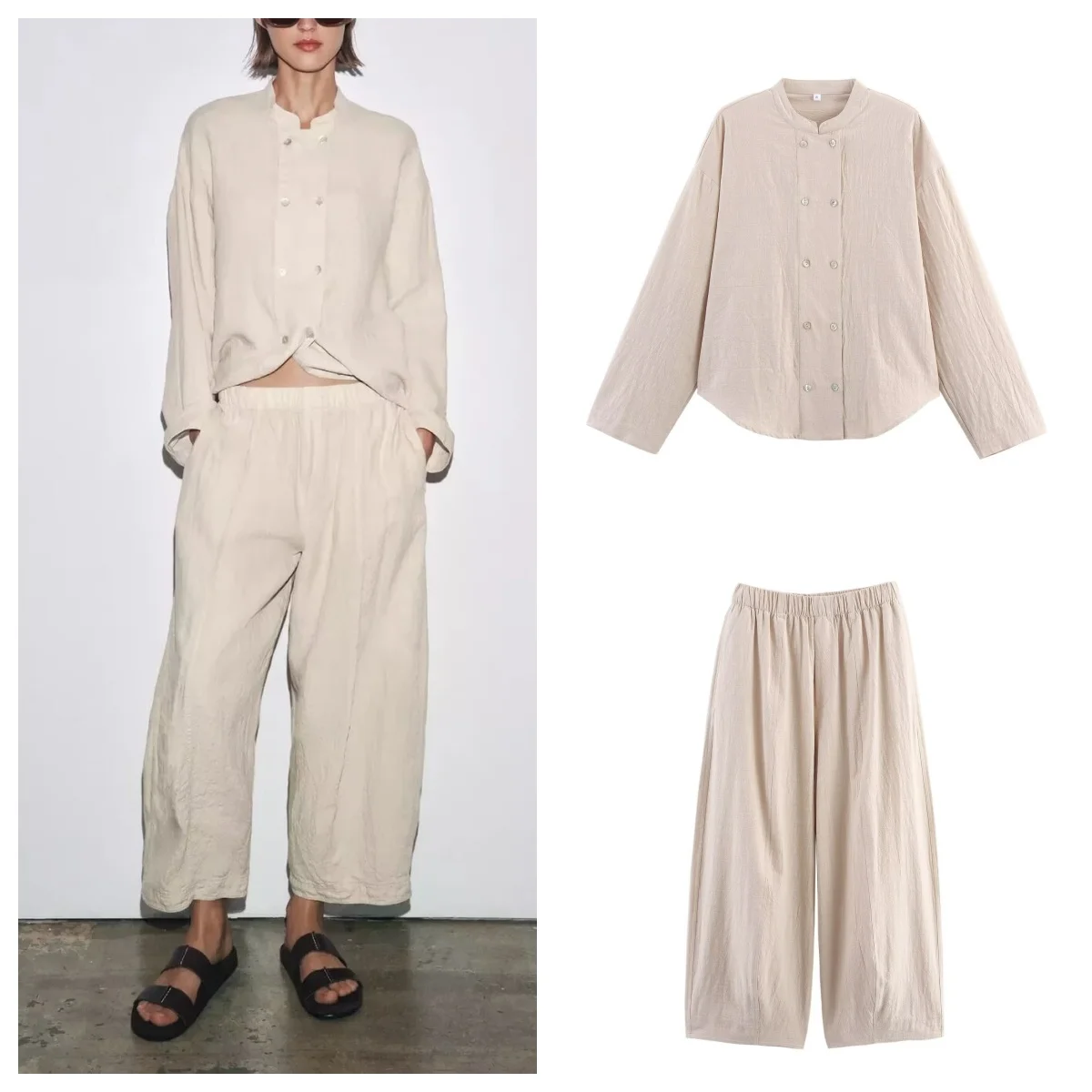 

European and American style 2025 early autumn new cotton and linen casual suit long-sleeved shirt jacket with high waist wide le