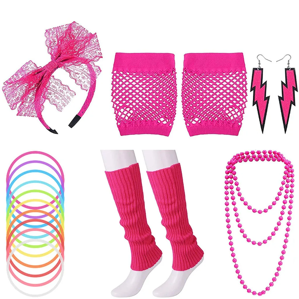 Conjunto de actuación de fiesta de baile de los años 80, collar verde fluorescente, diadema de encaje, pendientes, conjunto de piernas, vestido de Cosplay para escenario