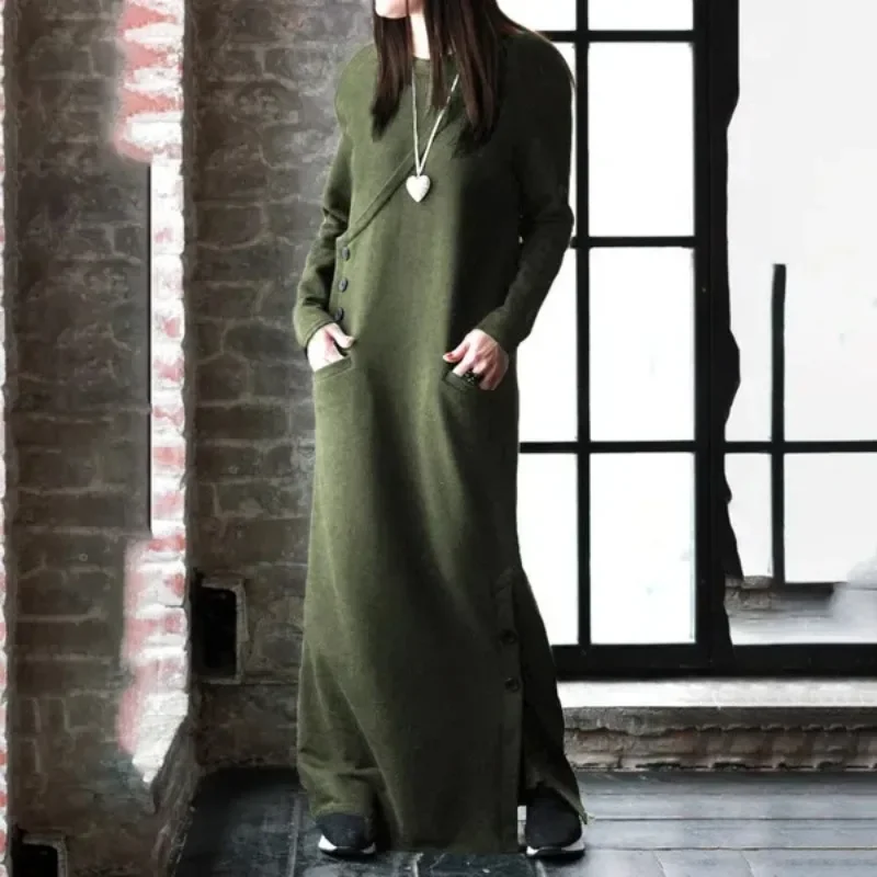 Women Winter Warm Dress New Autumn Basic Maxi Dress Celmia Long Fleece Sweatshirt Casual Pullovers Long Sleeve Button Vestidos