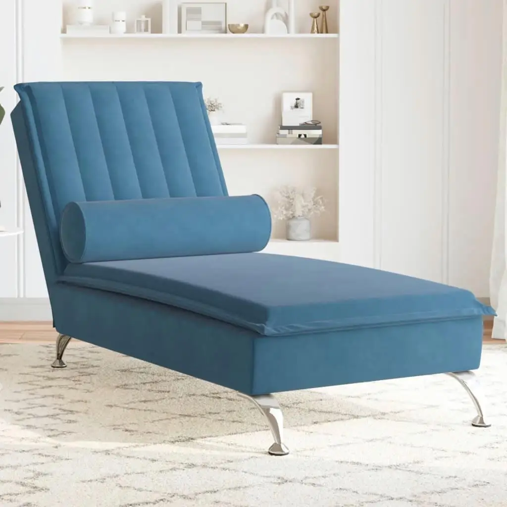 Blue Velvet Massage Chaise Lounge with Bolster - Luxurious Comfort for Relaxation