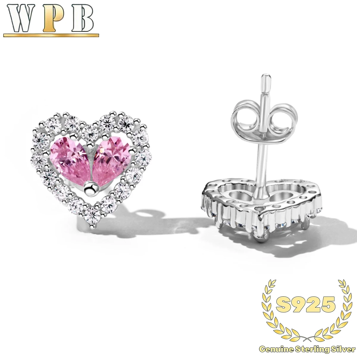 Stud Earrings S925 Sterling Silver Pink Heart Zircon Halo Prong Setting Valentine Anniversary Gift for Women Romantic Jewelry