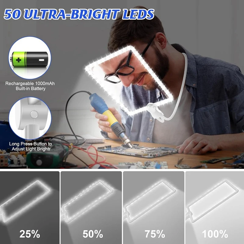 Lupa 5X com luz de 50 LEDs, lupas recarregáveis mãos livres com pescoço de ganso flexível