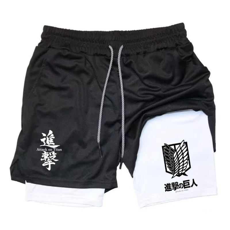 Anime Attack On Mens Gym Quick-Dry Jogging Shorts Fitness Workout Running 2 in 1 Short Pants Men Sports Bodybuilding Sweatpants