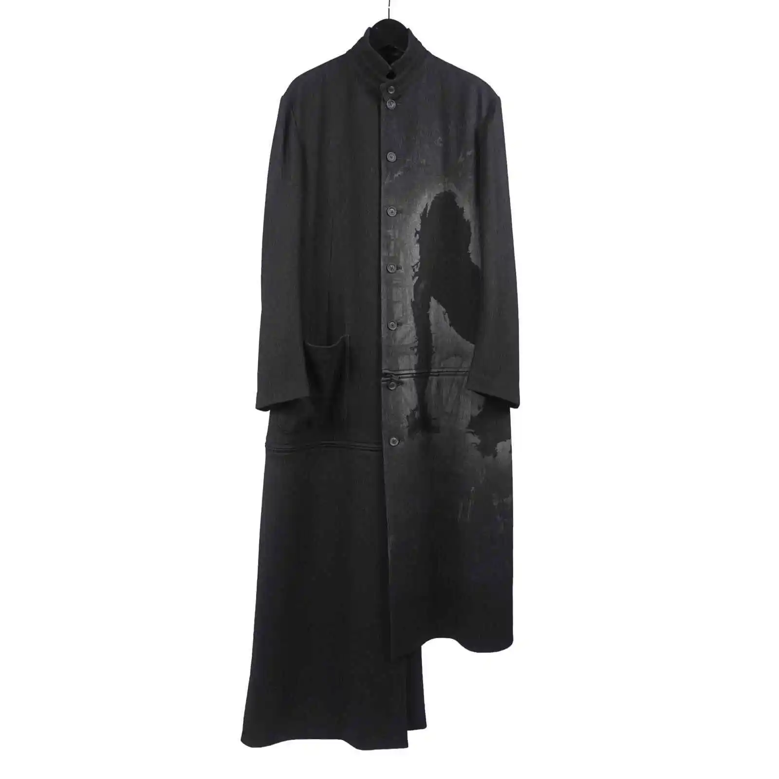 

TOP-YAMAMOTO Japanese original design Dark niche black asymmetric wool dyed printed coat
