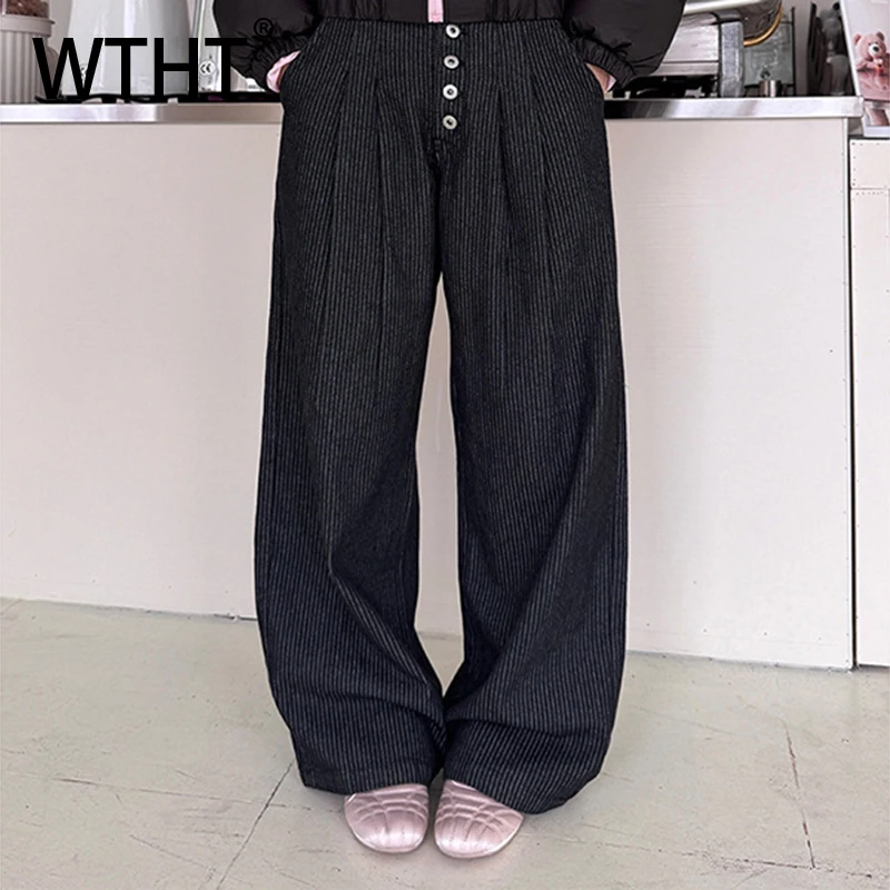 

WTHT Fashion 2025 Autumn Men's Striped Pleated Button Blazer Pants Trendy High-waisted Straight Casual Trousers Male 2A2451