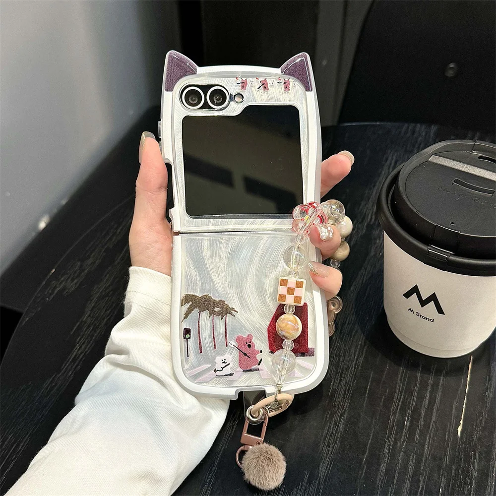 

Kawaii 3D Cat Ear Cartoon Bear Phone Case For Samsung Galaxy Z Flip 6 5 4 3 Flip5 Flip6 Cover with Chain Shockproof Cute Cases