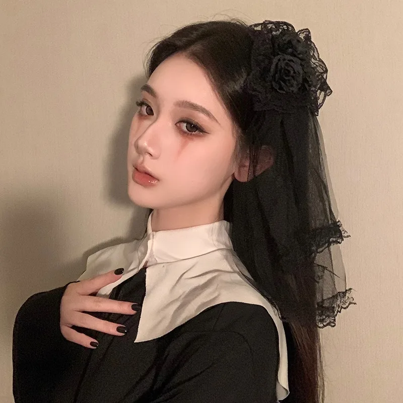 Japanse Lolita Haaraccessoires Rose Haarspeld Kanten Sluier Zijclip Lolita Sluier Kostuum spelen van Halloween bruidshoofddeksel