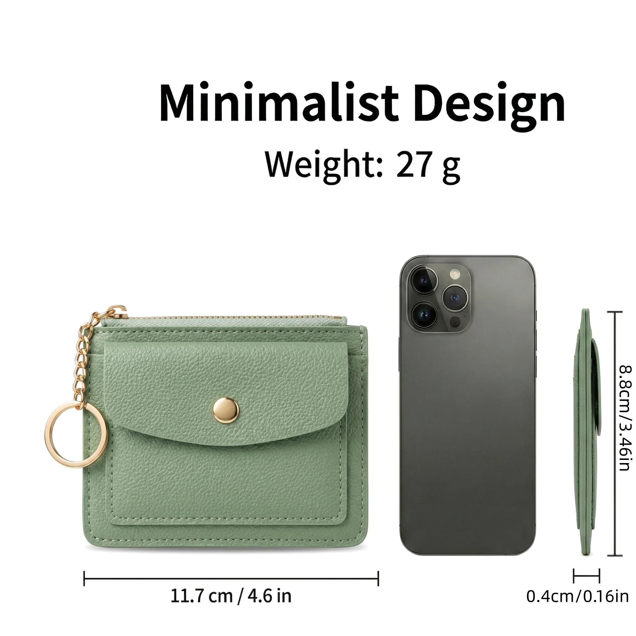 Slim Green PU Leather Slim Wallet for Women Card Holder Keychain Zipper for Gift Mini Coin Purse Button Closure with Window Card view 4