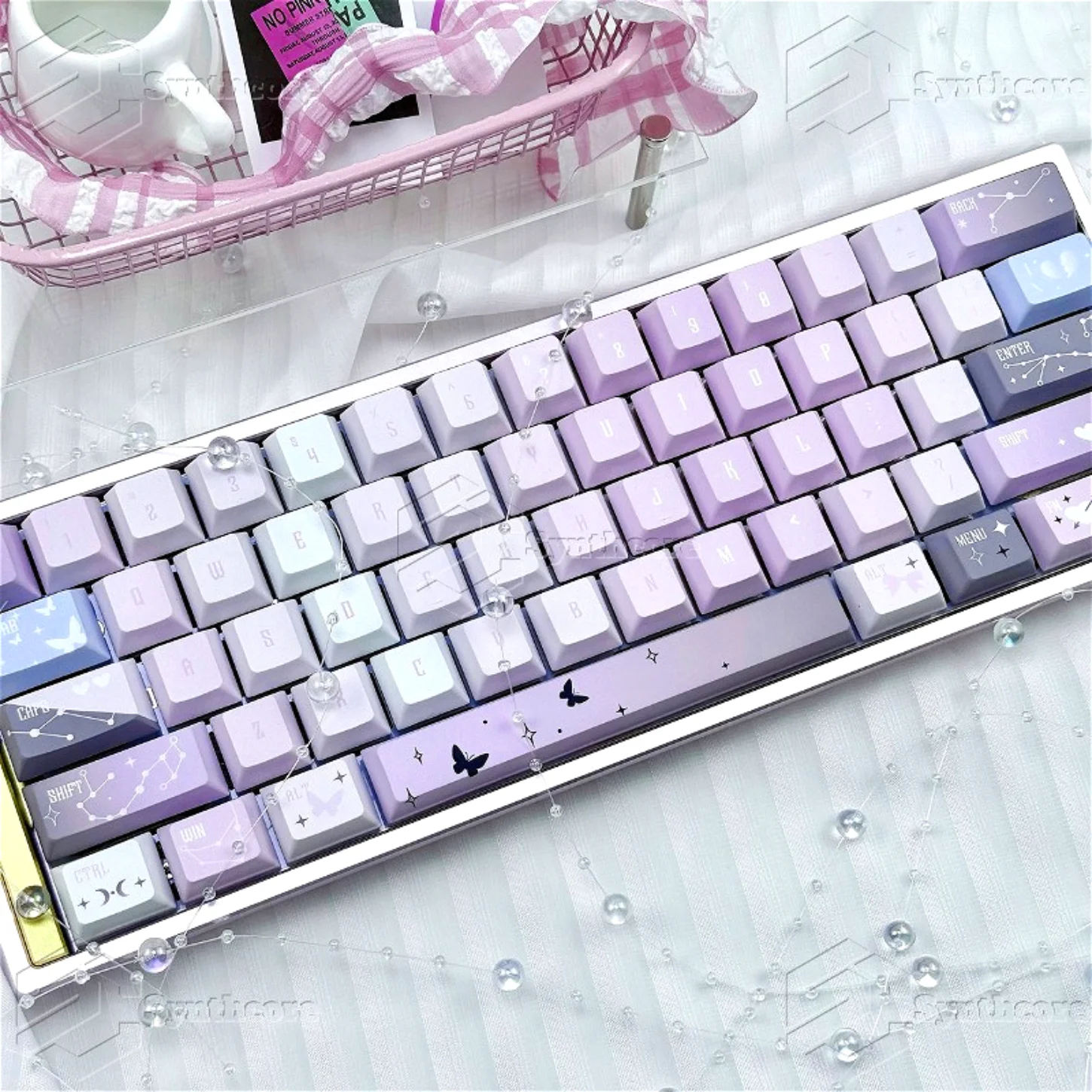 

Twilight Butterfly Grey Pink Keycap Set PBT 130 Key Cherry Keyboard Keychain Compatible with 0/64/84/98/108 Mechanical Keyboard