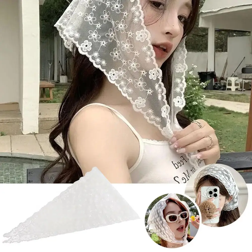 French Lace Triangular Scarf Romantic Summer White Headband Fashion Woven Scarf Wraps Hair Hair Floral Lace Lace Accessorie U5l1