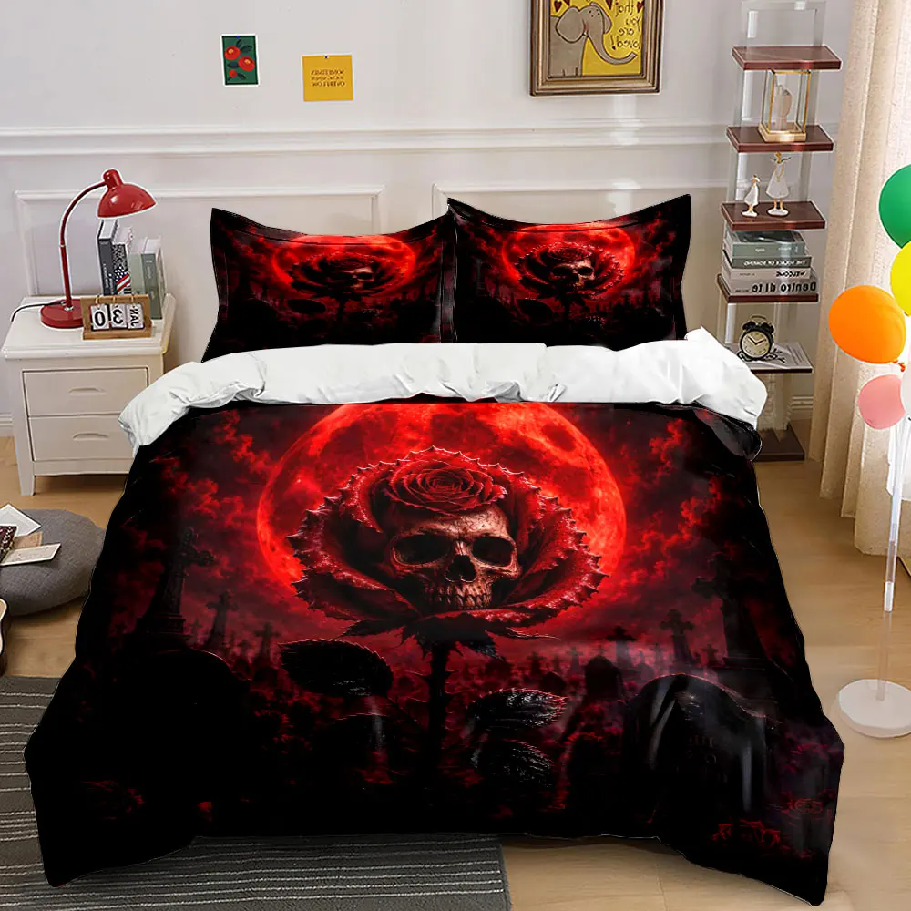 Gothic Skull Rose Duvet Print Bedding Set 1 Duvet Cover 2 Pillowcases for Adult and Children Luxury Gift Full Size