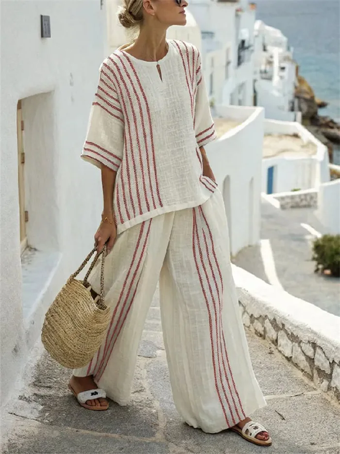 Breathable Casual Set Striped Cotton Print Tee Set Comfortable Lightweight Wideleg Pants Set Summer Two Piece Relaxed Outfit