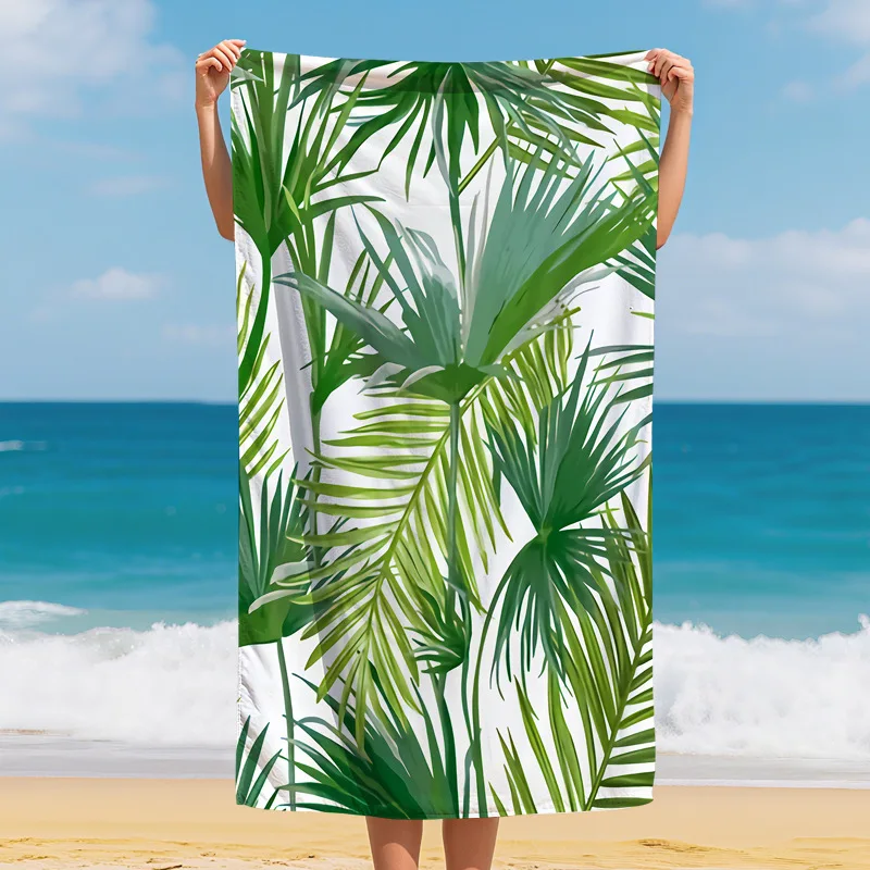 Botanical Paradise Beach Towel - Watercolor Tropical Leaves on White, Soft Sand-Free Towel for Travel & Beach Days