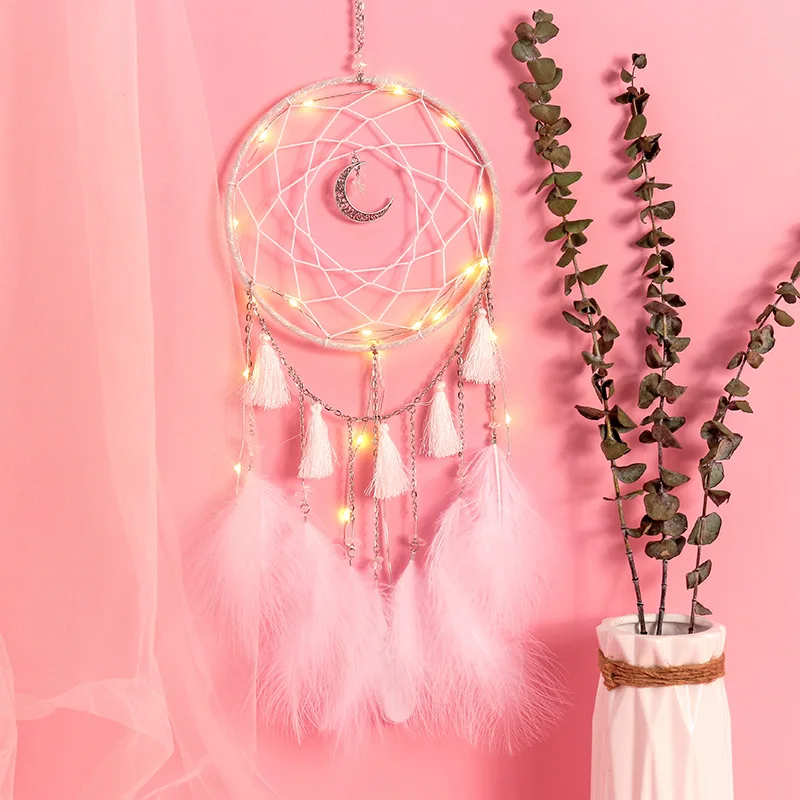 LED Lamp Flying Wind Chimes Lighting Dream Catcher Handmade Gifts Dreamcatcher Feather Pendant Romantic Creative Wall Hanging