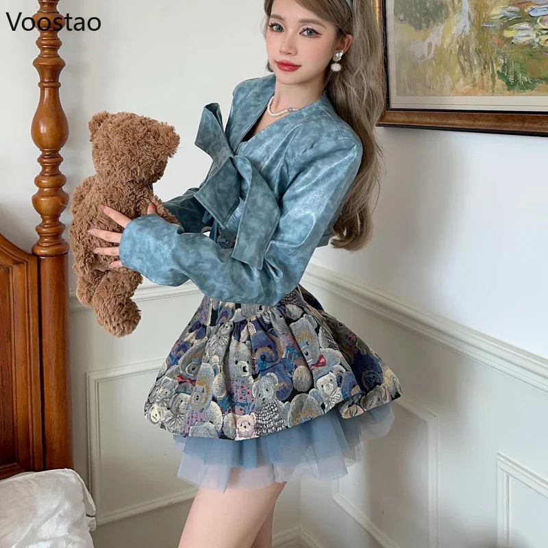 Sweet Lolita Style Dress Set Women Bow Blue PU Leather Cropped Coat Tops Slim Bear Print Mini Dress Suit Female Elegant Outfits