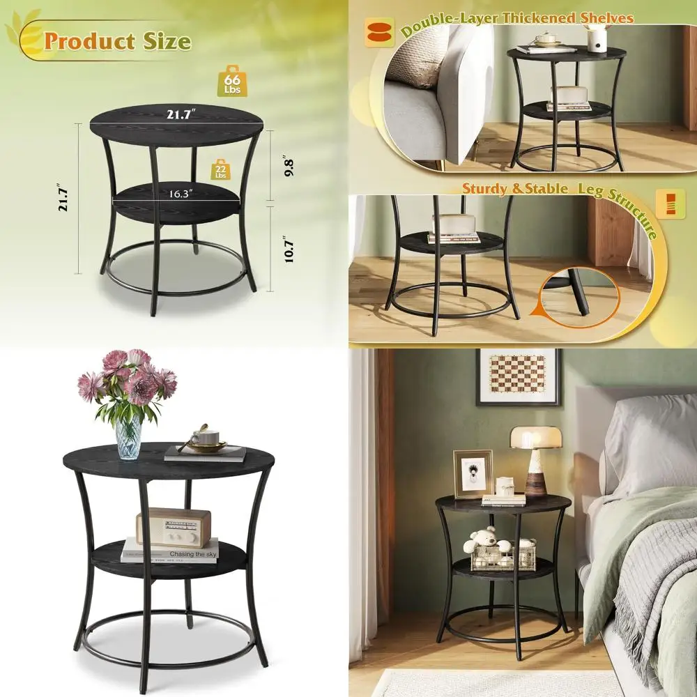 

Black Steel Frame Round Side Table with 2 Shelves for Living Room, Bedroom, or Nightstand Use in Small Spaces