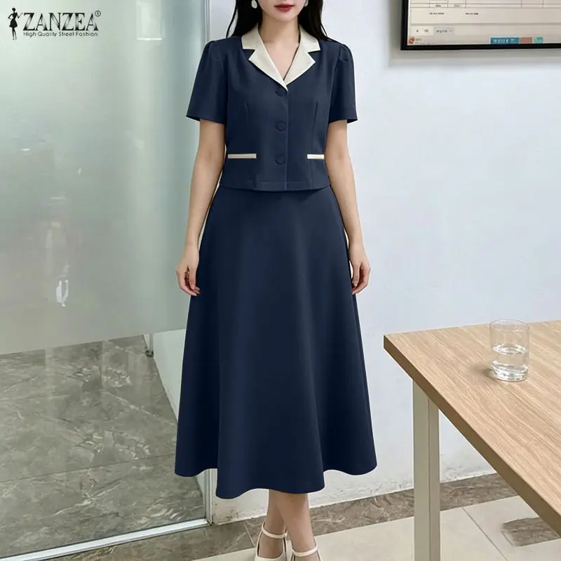 Costumes de jupe pour femmes, hauts courts à manches courtes à revers et jupes mi-longues trapèze, ensembles 2 pièces ZANZEA, tenues élégantes pour le bureau