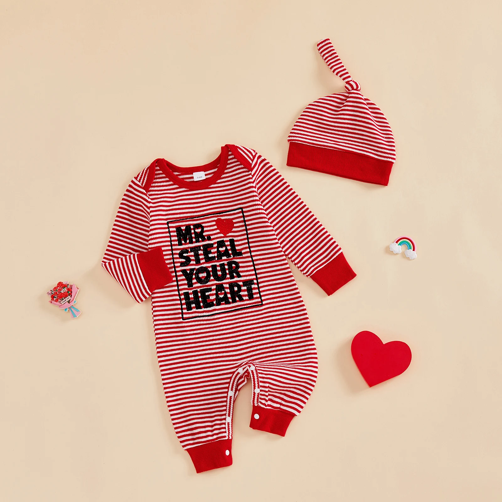 

Baby Boys Romper Set Long Sleeve Crew Neck Stripes Letters Jumpsuit with Hat Valentine’s Day Outfit