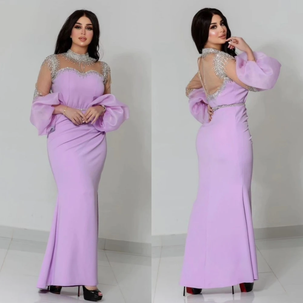 

Exquisite Purple Mermaid Evening Party Dresses Beading Full Sleeves Illusion Ankle Length Pretty Women Prom Banquet Gowns