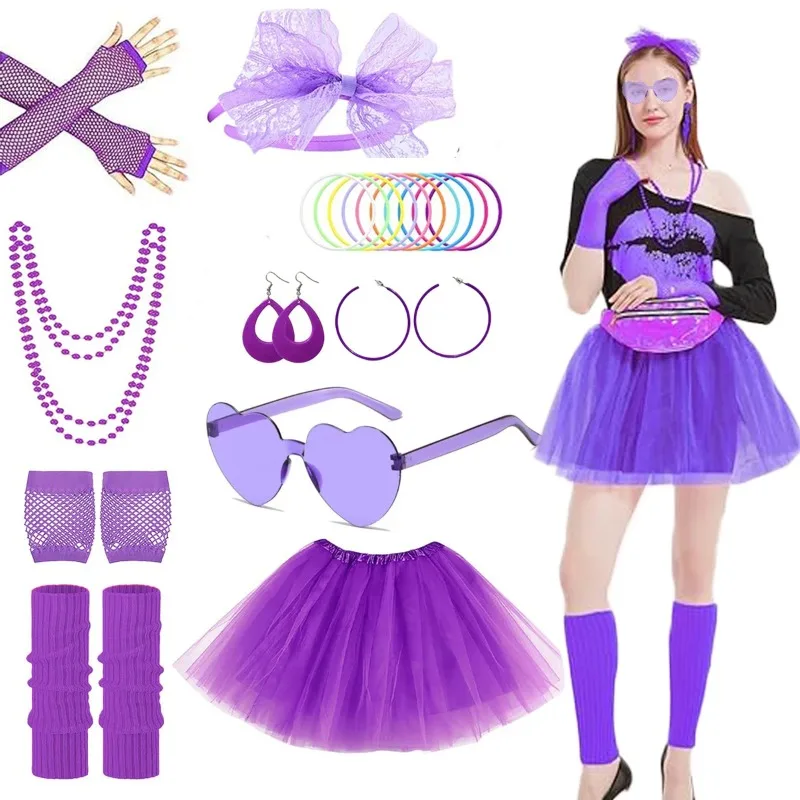 Conjunto de disfraz de disfraz morado de los años 80, 9 piezas con gafas, guantes de rejilla, calentadores de piernas, aro para el pelo, pendientes, collar, pulsera y vestido