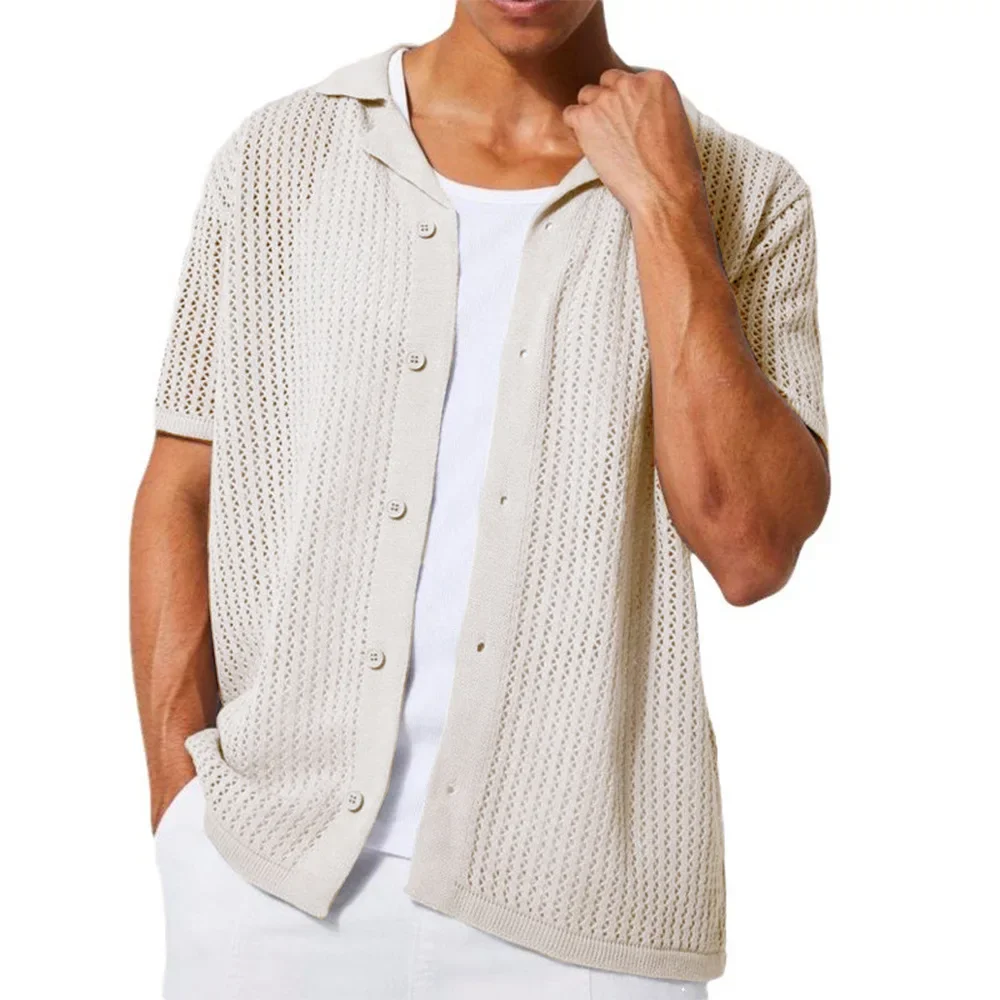 Men's Casual Knitted Shirt Summer New Solid Color Lapel Hollowed Out Breathable Men's Short Sleeved Top