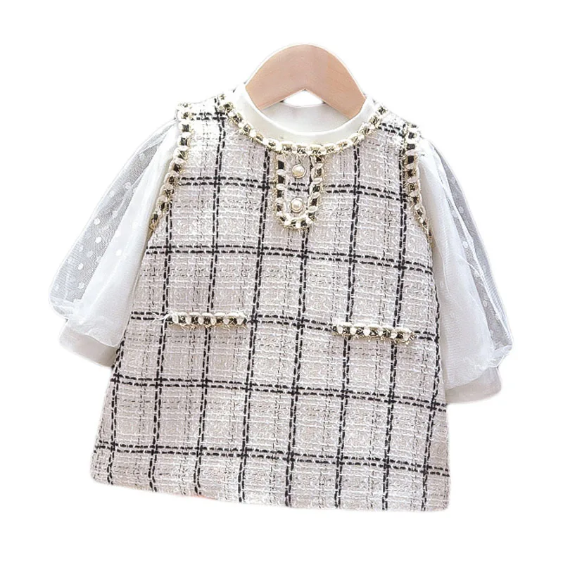 2023 Cute Baby Girls Dresses Spring Autumn Puff Sleeve Kids Princess Clothes Plaid Vest Dress+T-shirt Two piece set 0-4 Years