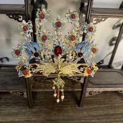 Women's Hair Crown Phoenix With Red Beaded Tassel Chinese Headwear