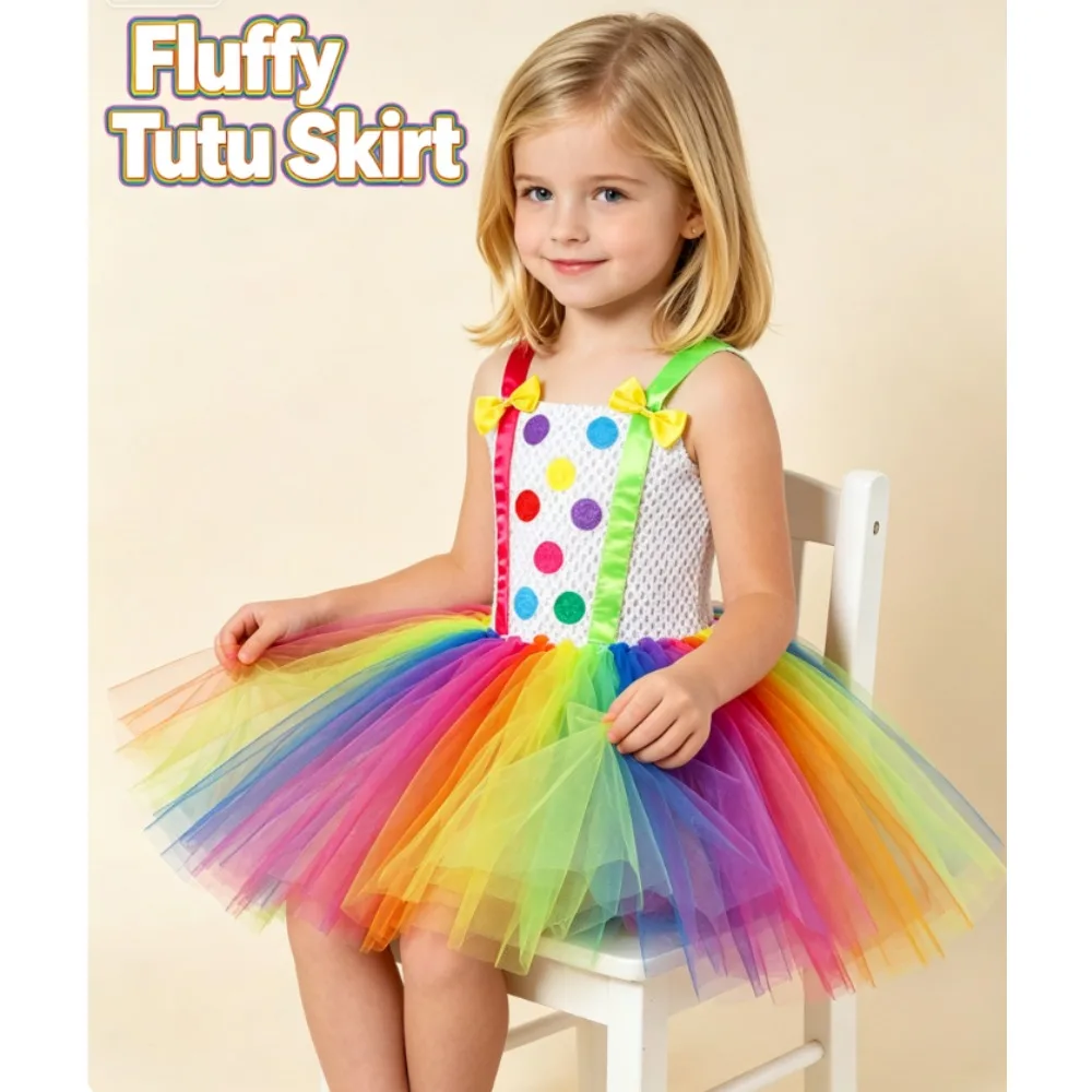 Children Rainbow Candy Mesh Tutu Dress With Accessories Set Halloween Carnival Party Joker Dress Up And Funny Clown Fancy Outfit